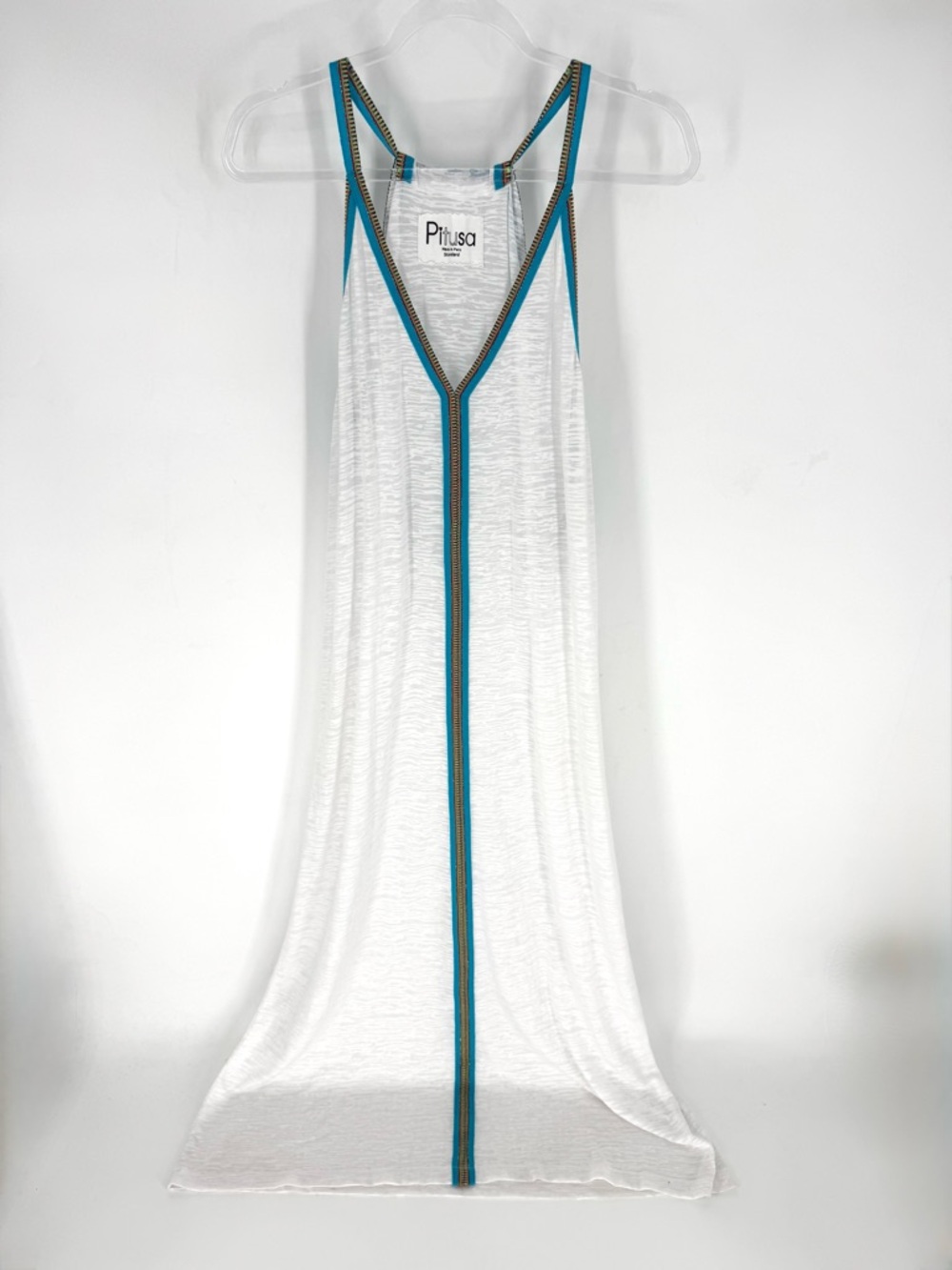 Pitusa Inca Sundress White Sheer Cover-Up Maxi with Teal Trim Fits Size 6-12 - Picture 4 of 11